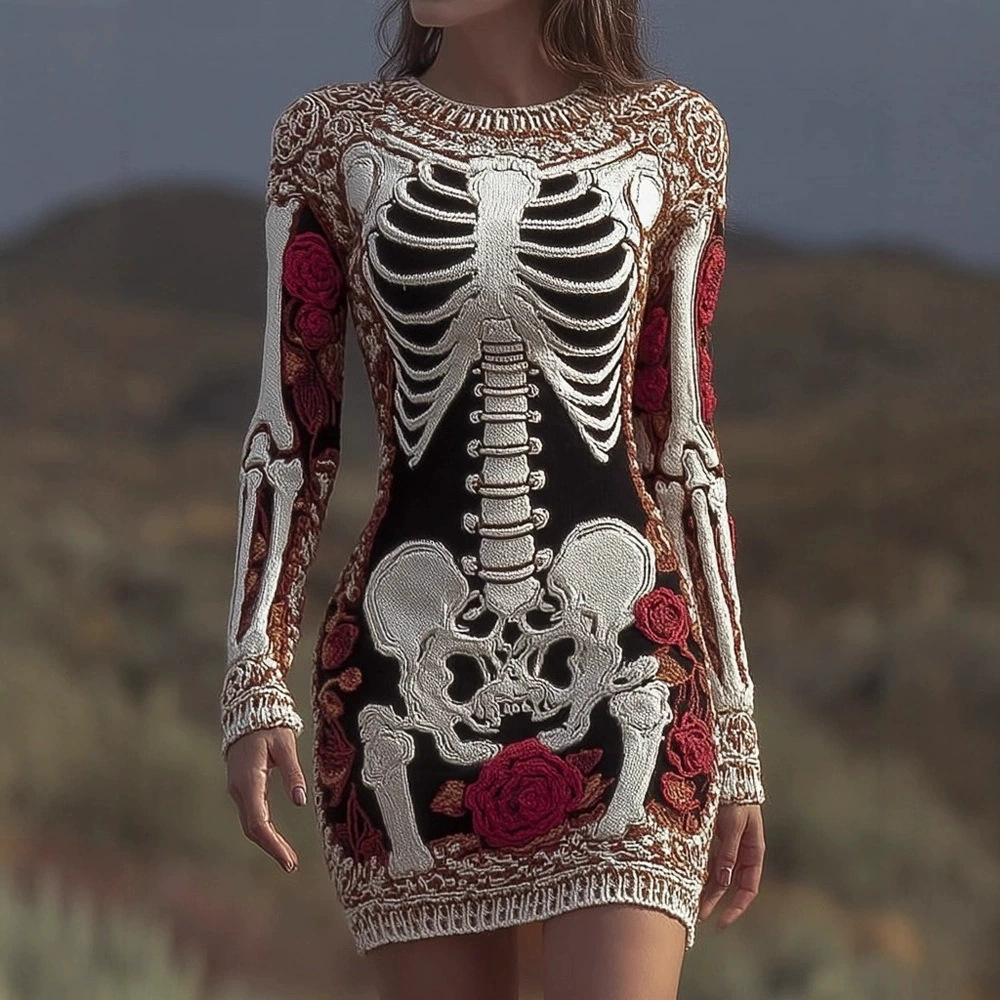 Bodycon Dress Women - 不気味なゴシックスカルラウンドネックセータースリムフィットボディコンドレスハロウィン仮装パフォーマンス服大人用