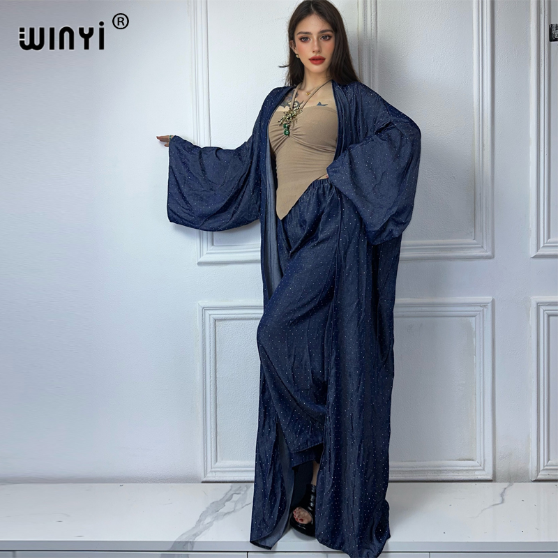 Women'S Fashion Kimono - Winyi-女性のホットドリルデニムスーツ、着物の衣装、カーディガンとパンツのセット、アフリカのファッション、2個