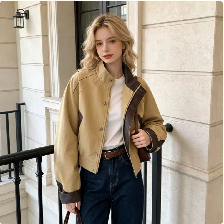 Women'S Fashion Utility Jacket - レディース、コントラストカラーのユーティリティジャケット、襟付き、ショート丈、秋物、ゆったりとしたシルエット、ストリートウェア、Y2Kファッション、トップス。