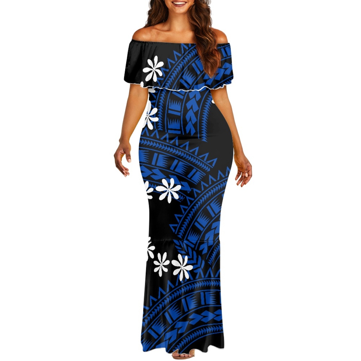 Bodycon Dress Women - ポリネシア島アートパーティー衣装 オフショルダーマーメイドドレス カスタムグラデーショントライバルタトゥー ボディコンイブニングカクテルドレス