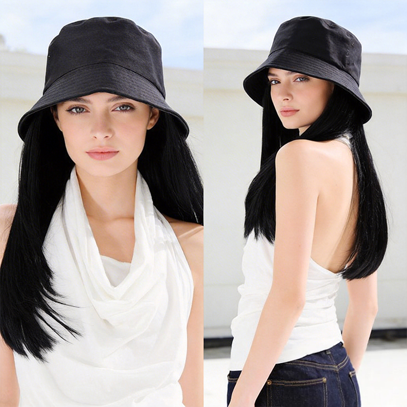 日よけ用の黒いバケットハットと合成毛の内側がカールしたヘアス - Bucket Hat Women のレビューと価格