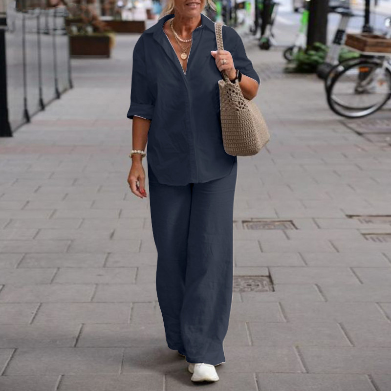 レトロなトラウザーズシャツのツーピースセット レディース 2 - Wide Leg Palazzo Pants のレビューと価格