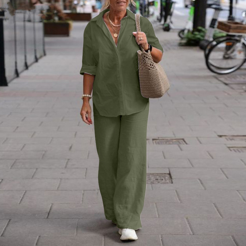 レトロなトラウザーズシャツのツーピースセット レディース 2 - Wide Leg Palazzo Pants のレビューと価格
