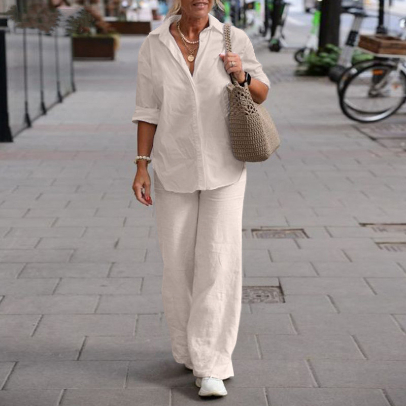 レトロなトラウザーズシャツのツーピースセット レディース 2 - Wide Leg Palazzo Pants のレビューと価格