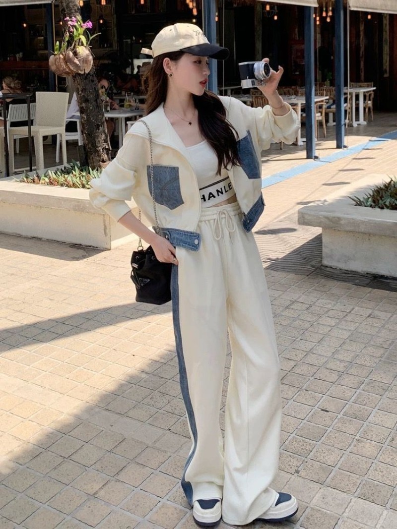 セーター デニム スプライシング カジュアル スポーツ スー - Wide Leg Palazzo Pants のレビューと価格