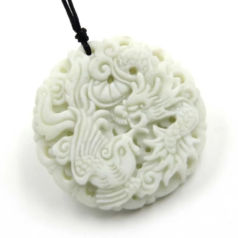 ナチュラルホワイトヒスイドラゴンフェニックスペンダントネック - Women Fashion Necklace のレビューと価格