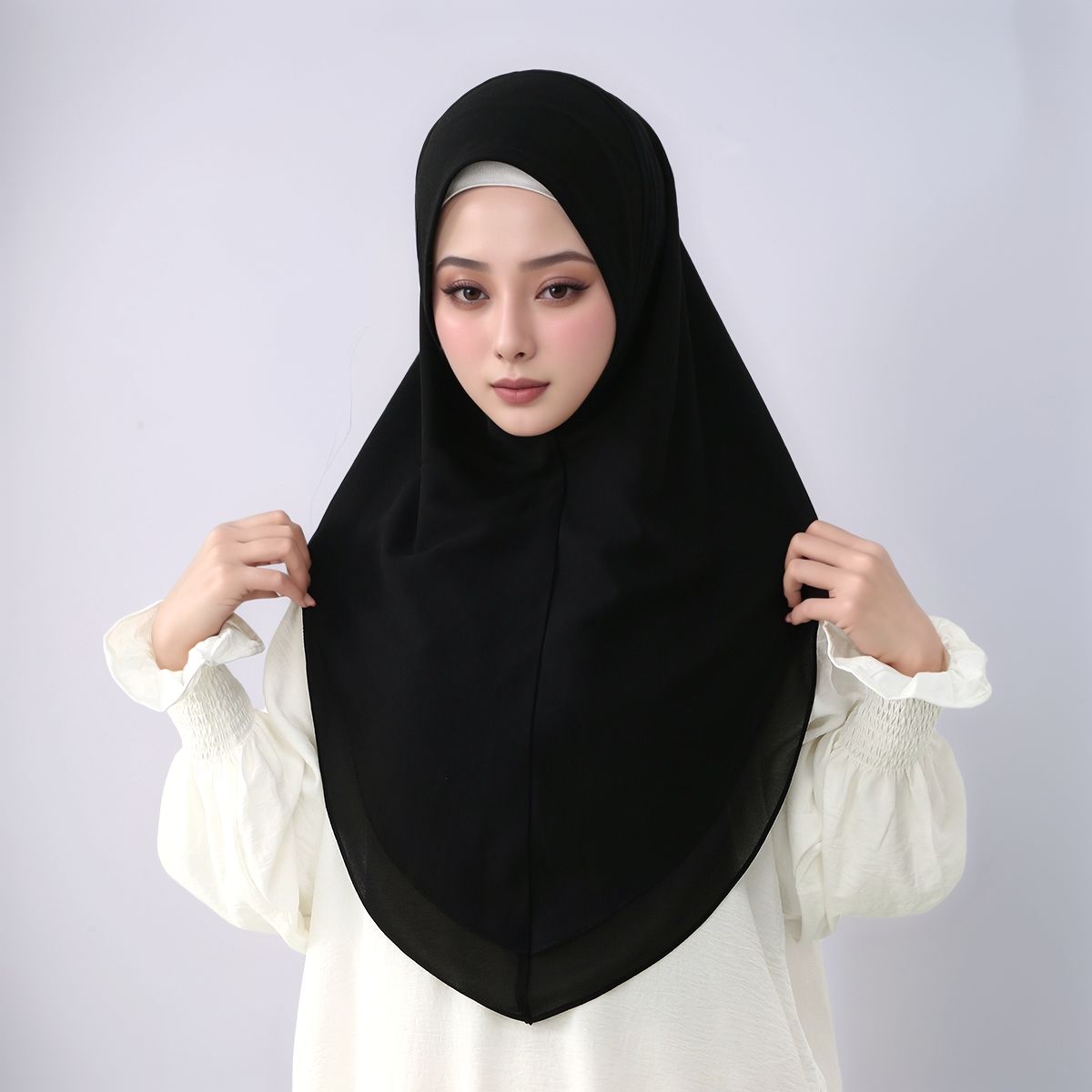 新作二重シフォン既製服インスタントヒジャブ、ムスリム女性用フ - Women'S Fashion Layering のレビューと価格