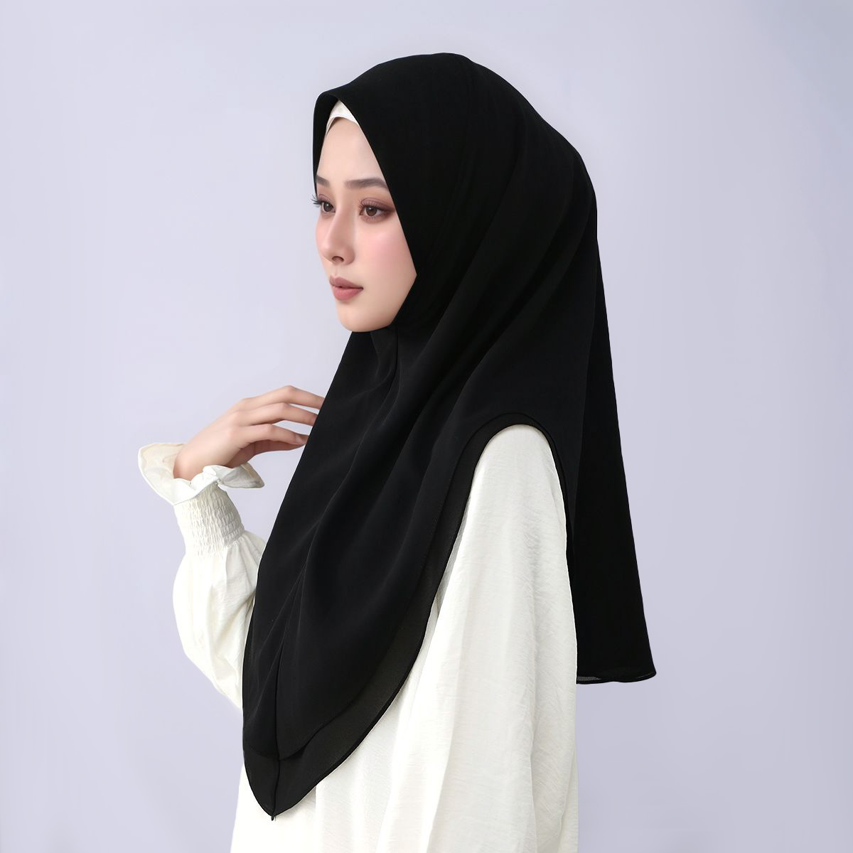 新作二重シフォン既製服インスタントヒジャブ、ムスリム女性用フ - Women'S Fashion Layering のレビューと価格