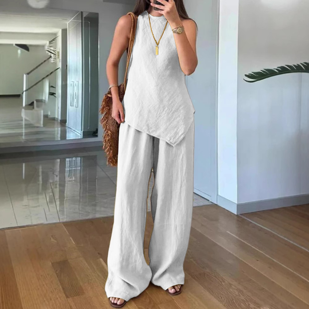 夏の女性用カジュアルトップスとパンツの2点セット、コットン素 - Wide Leg Palazzo Pants のレビューと価格