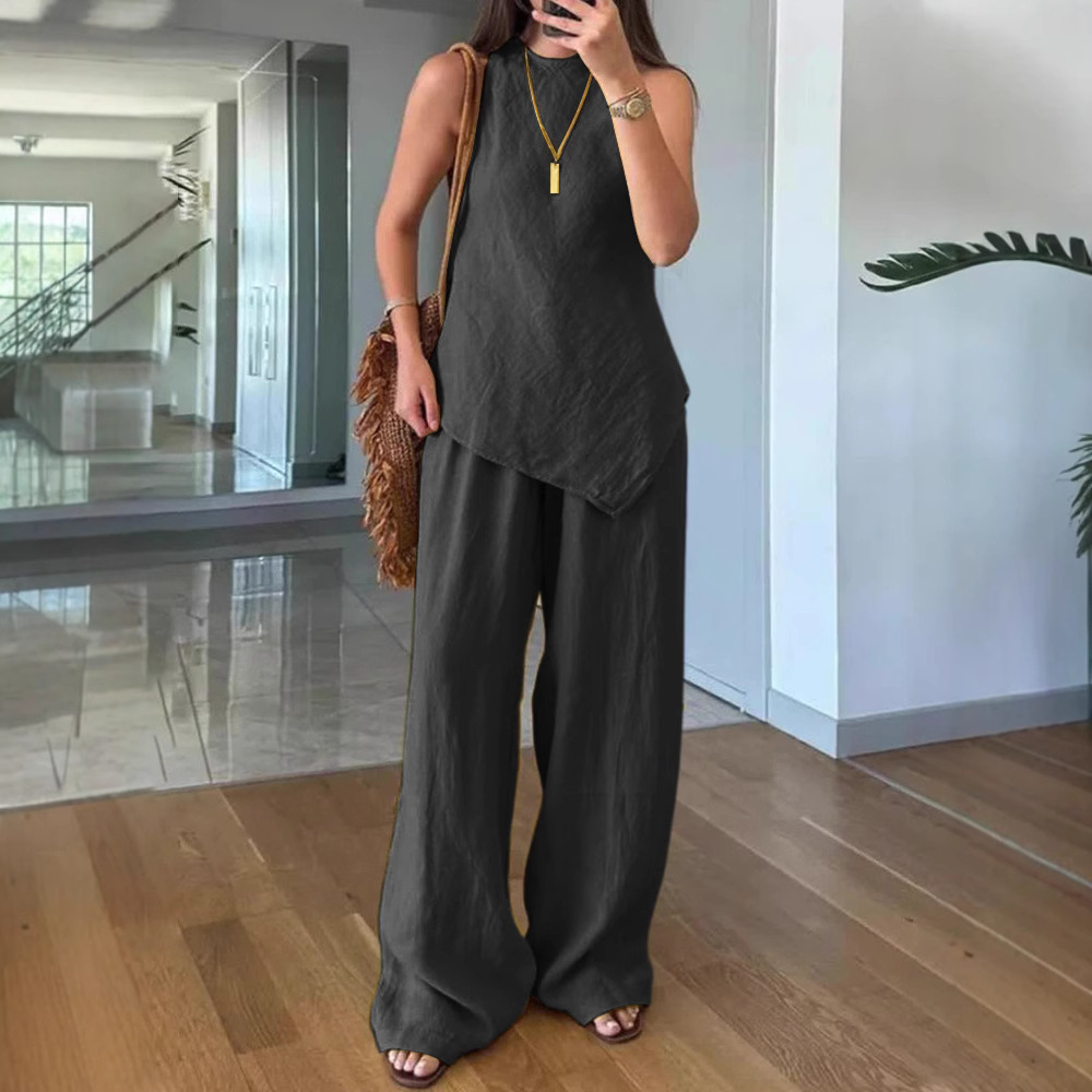 夏の女性用カジュアルトップスとパンツの2点セット、コットン素 - Wide Leg Palazzo Pants のレビューと価格