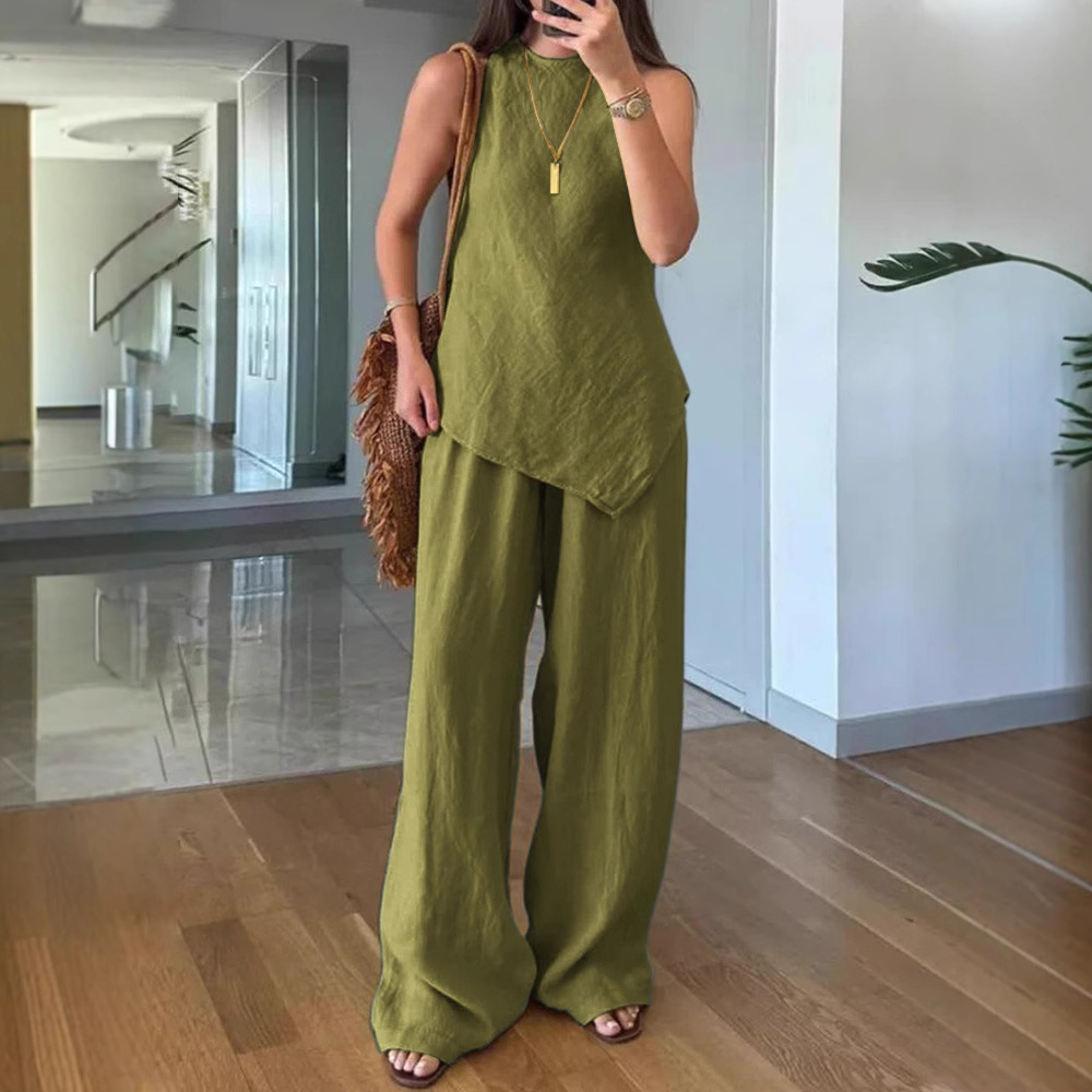 夏の女性用カジュアルトップスとパンツの2点セット、コットン素 - Wide Leg Palazzo Pants のレビューと価格
