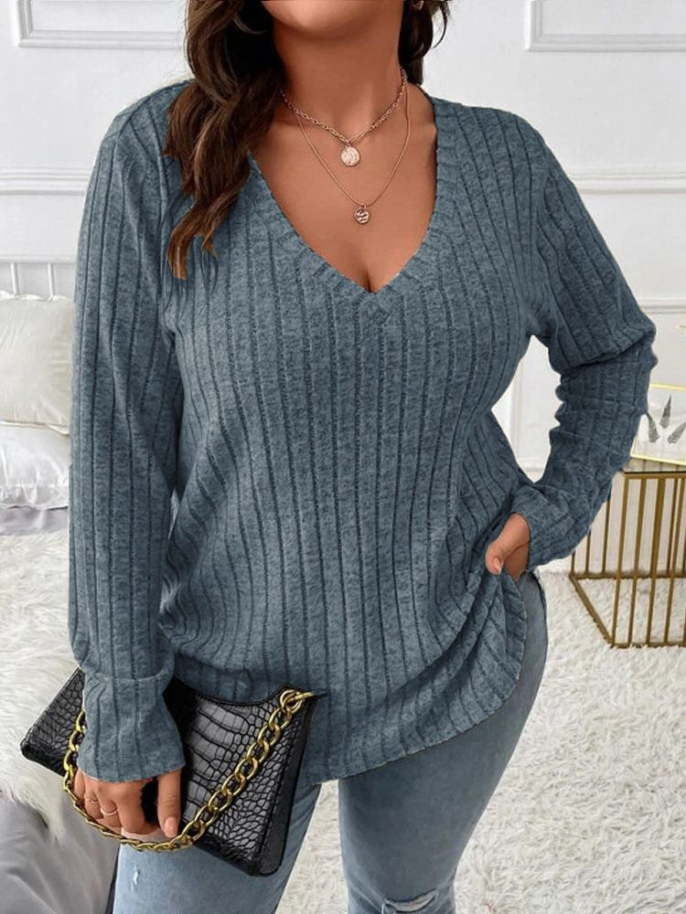 2026 プラスサイズ Vネック 長袖 リブニットトップ ル - Ribbed Knit Sweater のレビューと価格