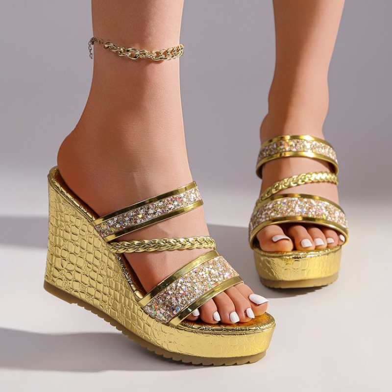 女性の光沢のあるスパンコールウェッジハイヒールスリッパ夏のフ - Women'S Fashion Trends のレビューと価格