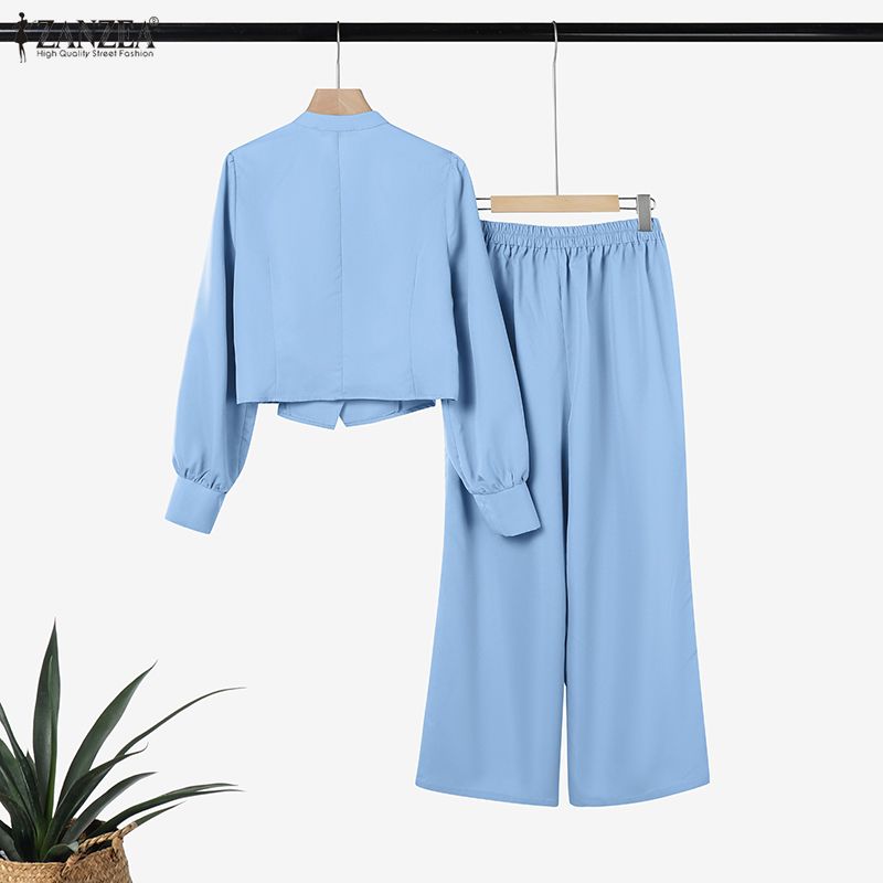 女性のエレガントでシックなパンツセット スタンドカラー長袖シ - Wide Leg Palazzo Pants のレビューと価格