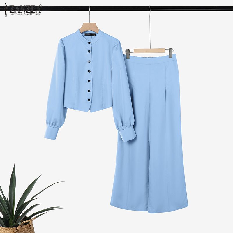 女性のエレガントでシックなパンツセット スタンドカラー長袖シ - Wide Leg Palazzo Pants のレビューと価格