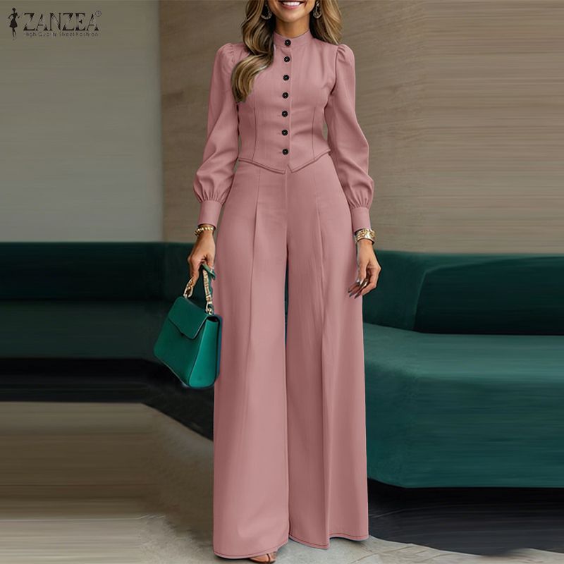 女性のエレガントでシックなパンツセット スタンドカラー長袖シ - Wide Leg Palazzo Pants のレビューと価格