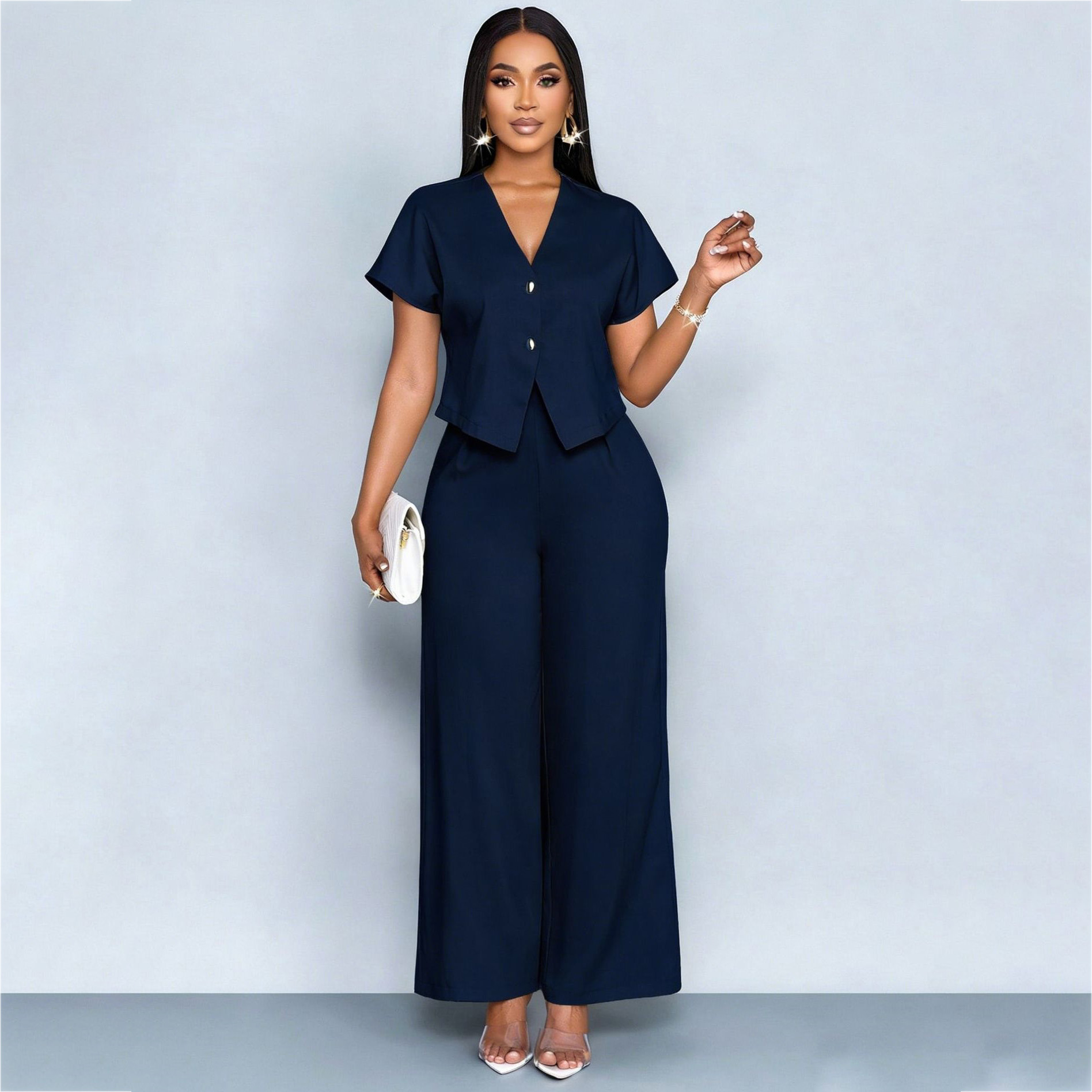 夏のエレガントなツーピーススーツ レディース Vネック半袖ブ - Wide Leg Palazzo Pants のレビューと価格