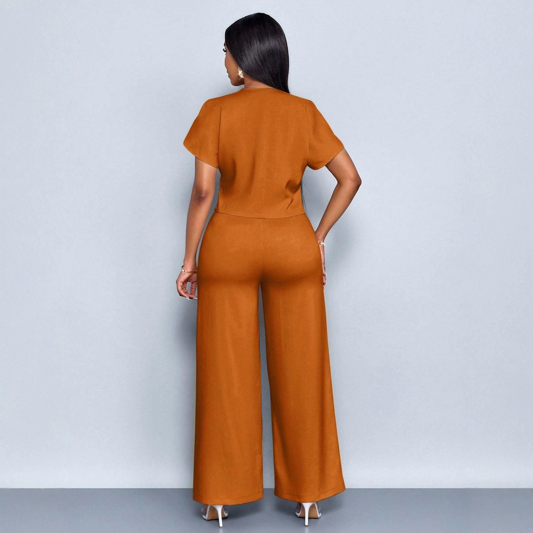 夏のエレガントなツーピーススーツ レディース Vネック半袖ブ - Wide Leg Palazzo Pants のレビューと価格