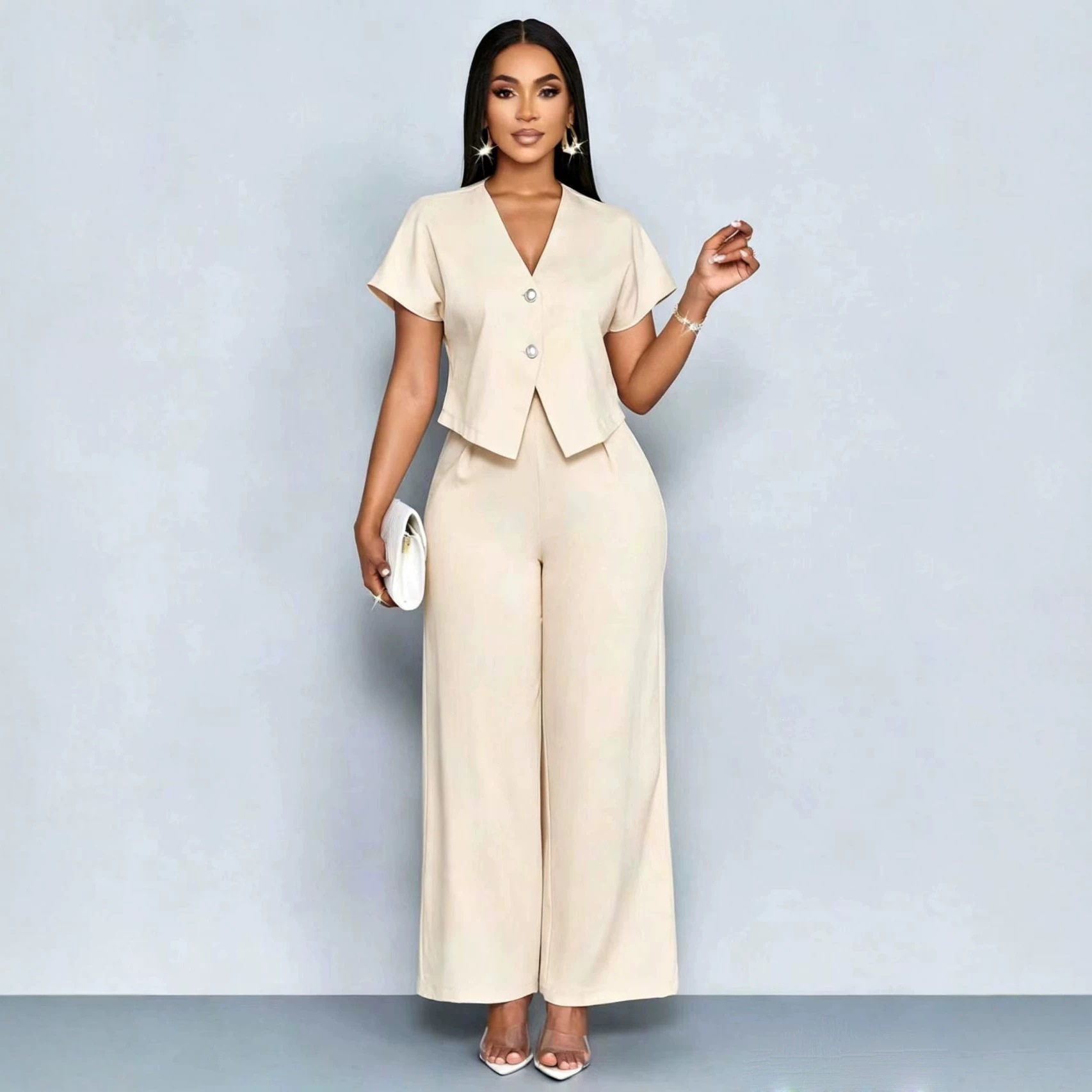 夏のエレガントなツーピーススーツ レディース Vネック半袖ブ - Wide Leg Palazzo Pants のレビューと価格