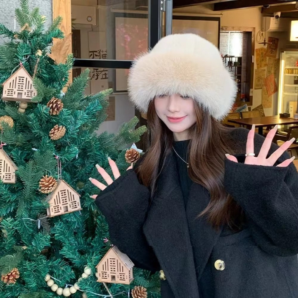新しい暖かいふわふわの毛皮のバケットハット寒い雪の日パナマキ - Bucket Hat Women のレビューと価格