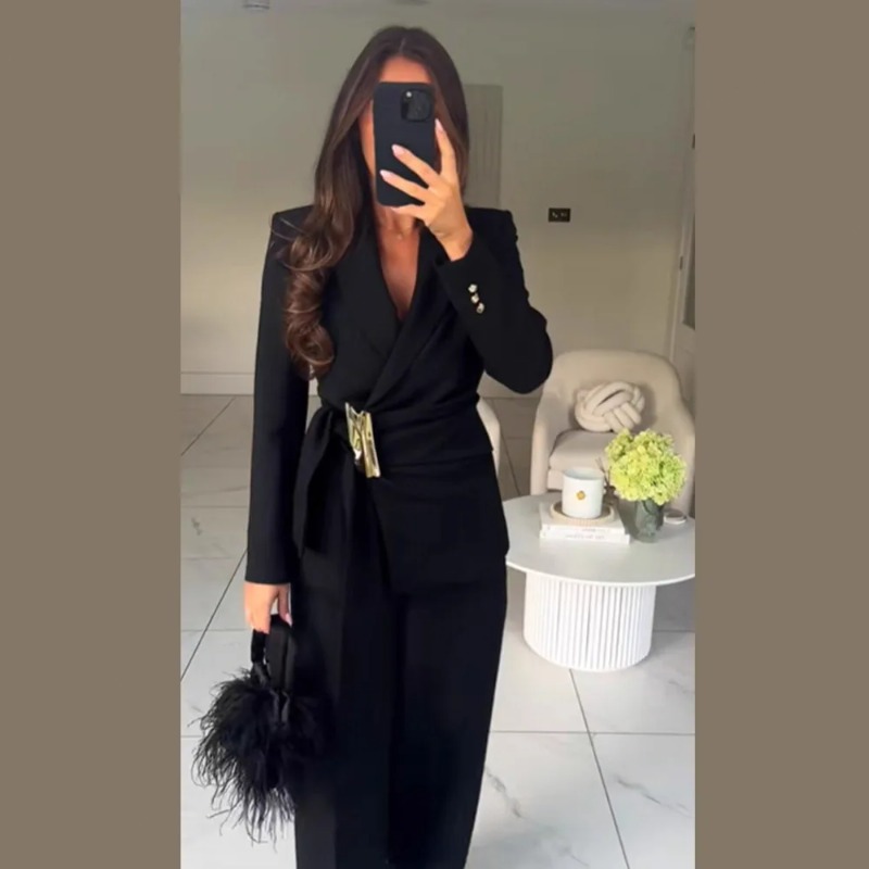 女性のスーツパンツ 2 点セット バックル装飾長袖ブレザーコ - Wide Leg Palazzo Pants のレビューと価格
