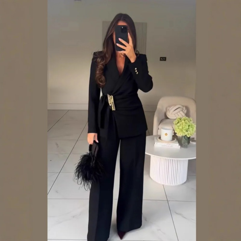 女性のスーツパンツ 2 点セット バックル装飾長袖ブレザーコ - Wide Leg Palazzo Pants のレビューと価格
