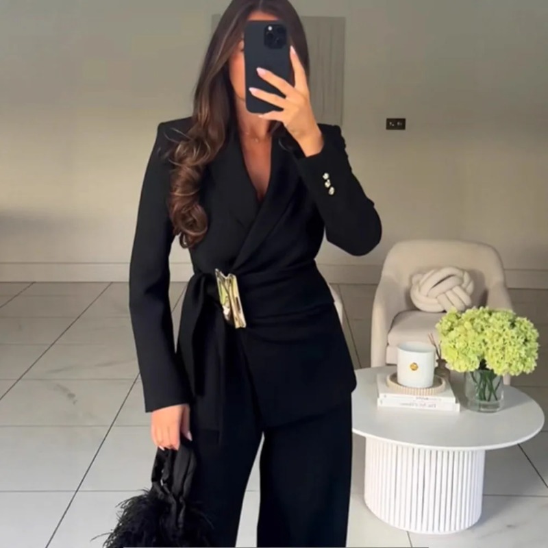 女性のスーツパンツ 2 点セット バックル装飾長袖ブレザーコ - Wide Leg Palazzo Pants のレビューと価格