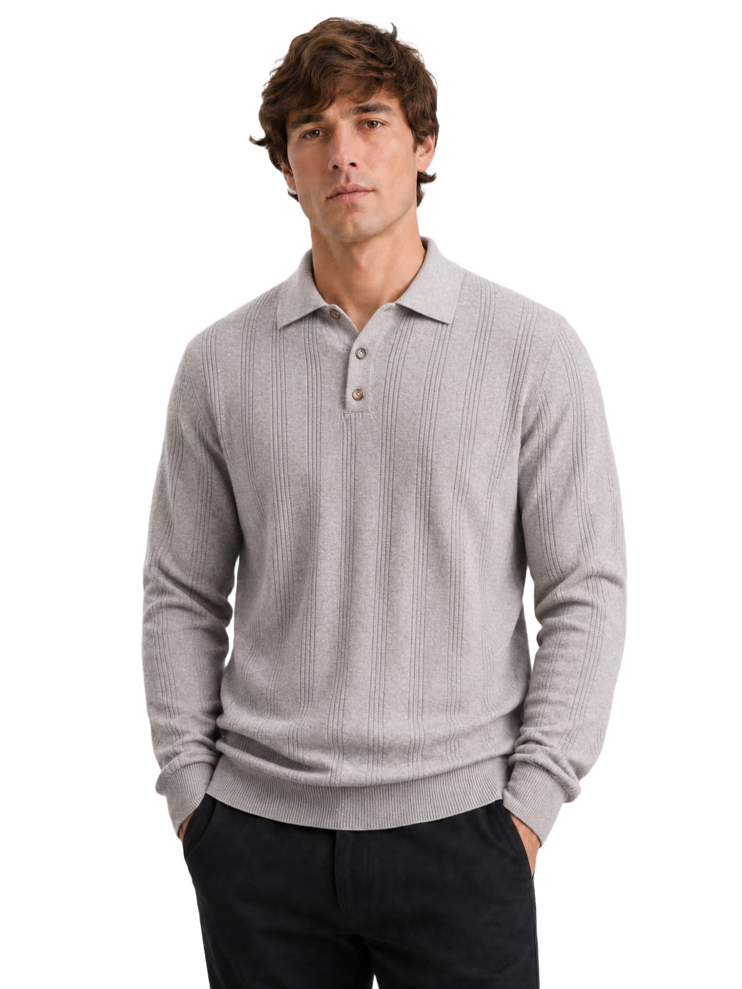 メンズニットフェイクカシミヤポロシャツ、無地長袖ポロシャツ、 - Ribbed Knit Sweater のレビューと価格