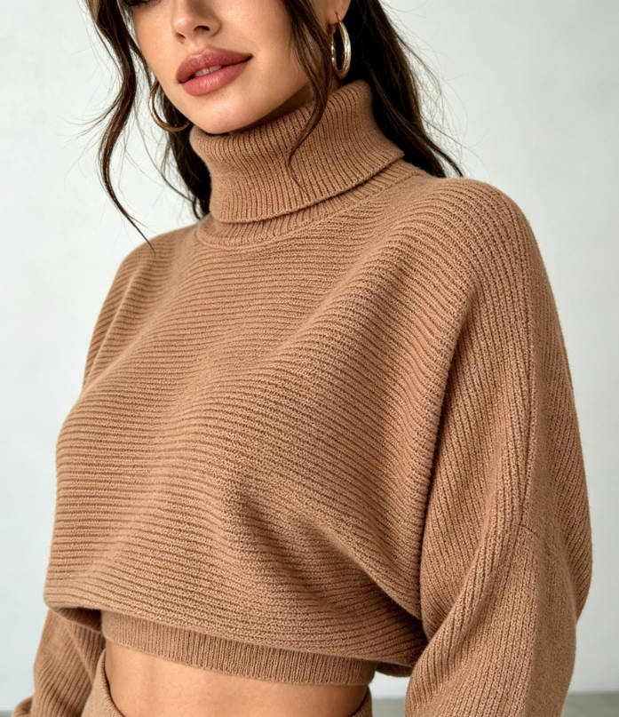 レディース タートルネックニット 2点セット、バットスリーブ - Ribbed Knit Sweater のレビューと価格