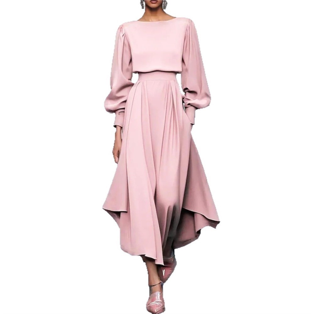 エレガントな女性の秋の長袖ピンクドレスファッション弾性ウエス - Women Fashion Pose のレビューと価格