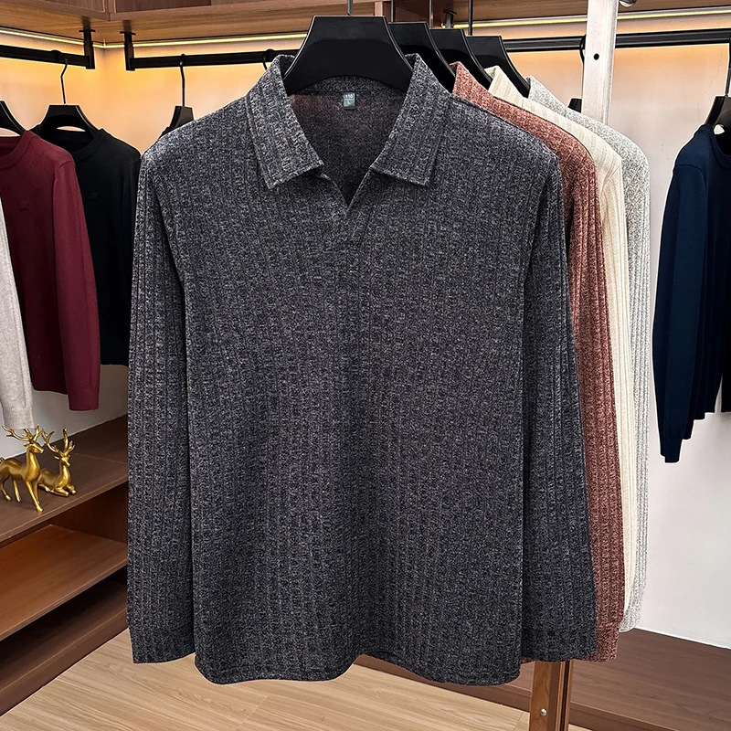 メンズ ポロカラー Vネック ニットセーター、縦方向のリブ編 - Ribbed Knit Sweater のレビューと価格