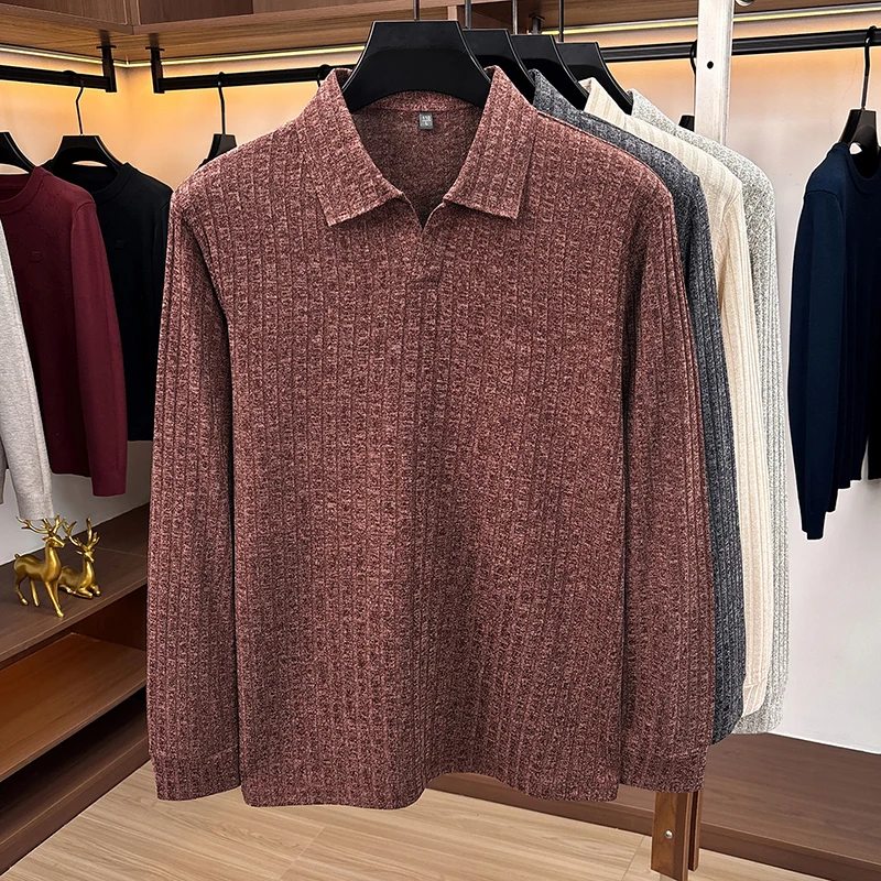 メンズ ポロカラー Vネック ニットセーター、縦方向のリブ編 - Ribbed Knit Sweater のレビューと価格