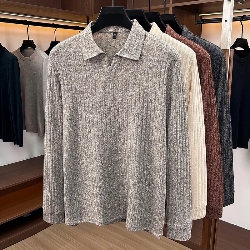 メンズ ポロカラー Vネック ニットセーター、縦方向のリブ編 - Ribbed Knit Sweater のレビューと価格