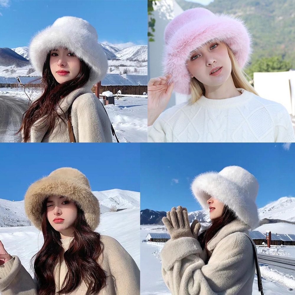 新しい暖かいふわふわの毛皮のバケットハット寒い雪の日用ぬいぐ - Bucket Hat Women のレビューと価格