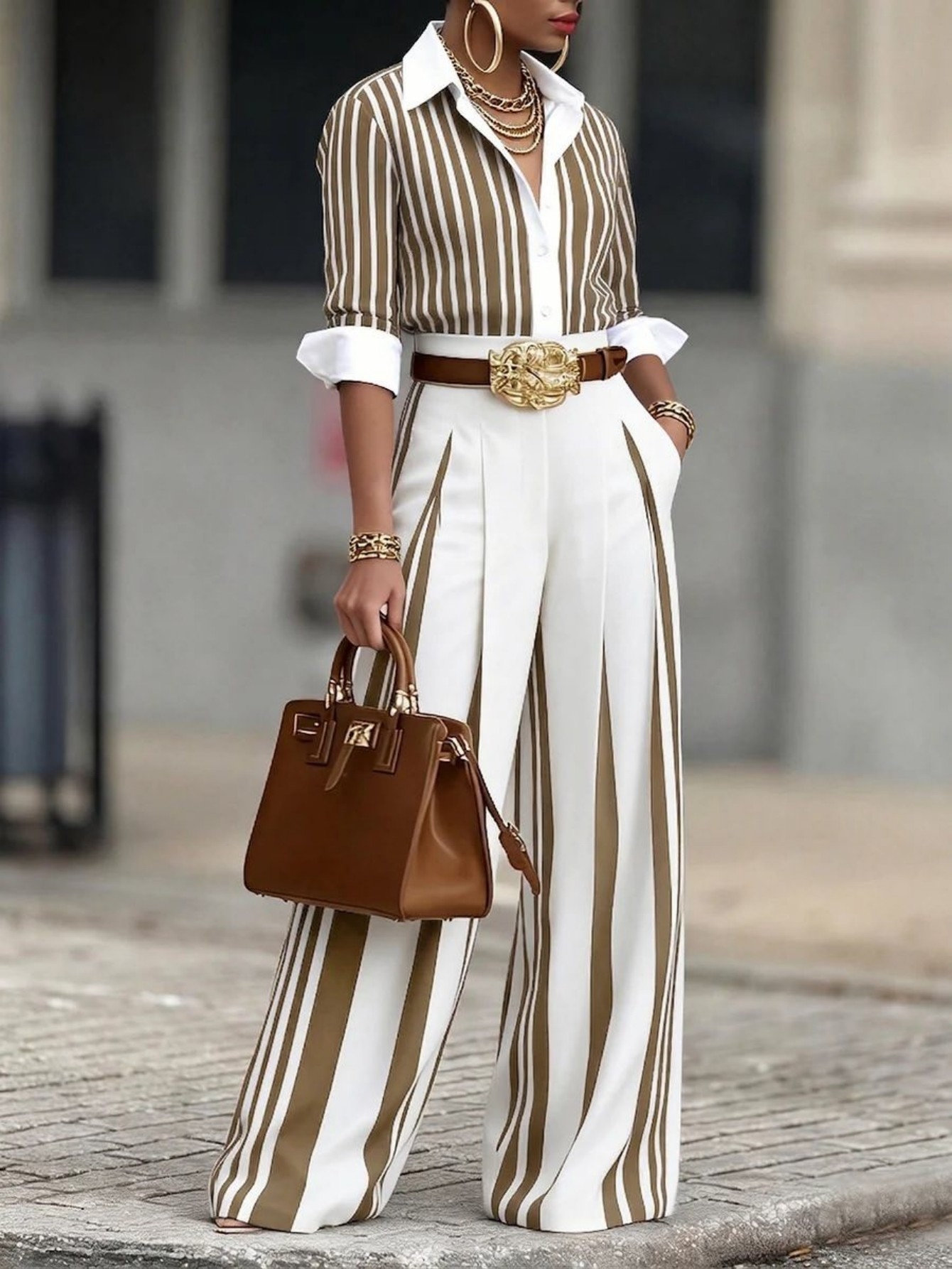 女性ファッション 2 点セット ストライプ ボタンダウン 長 - Wide Leg Palazzo Pants のレビューと価格