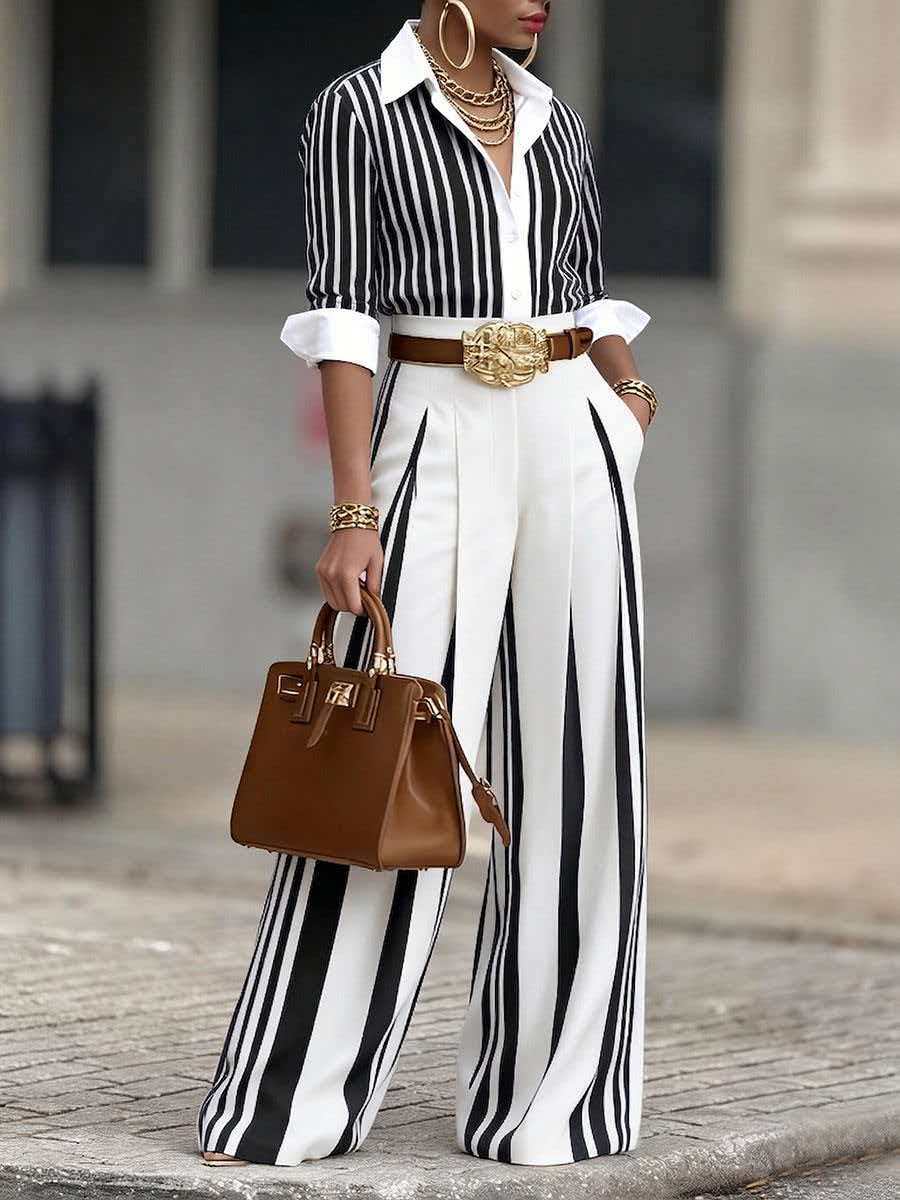 女性ファッション 2 点セット ストライプ ボタンダウン 長 - Wide Leg Palazzo Pants のレビューと価格
