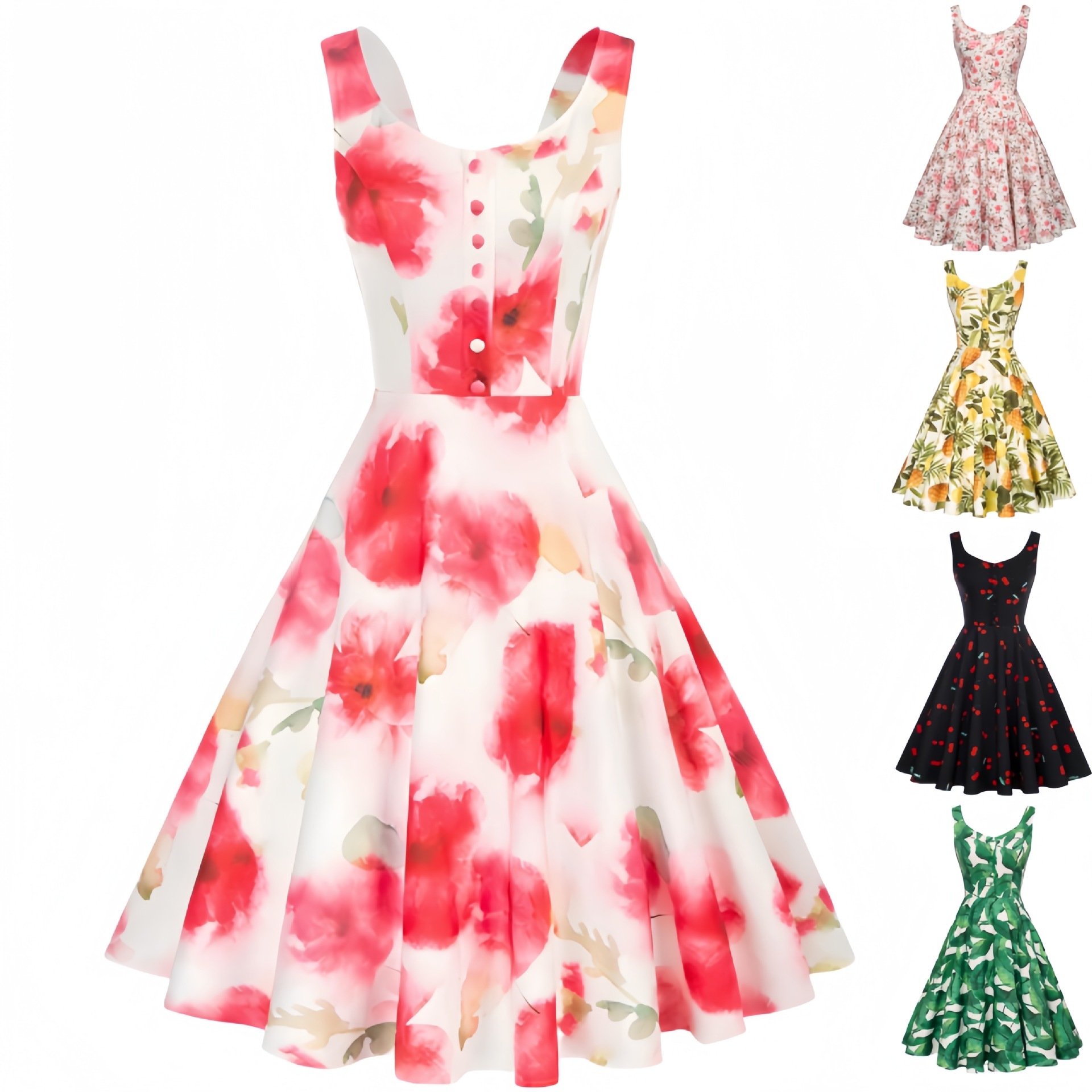 1950年代レトロノースリーブカクテルドレス夏プリントAライ - Women'S Fashion In The 1950S のレビューと価格