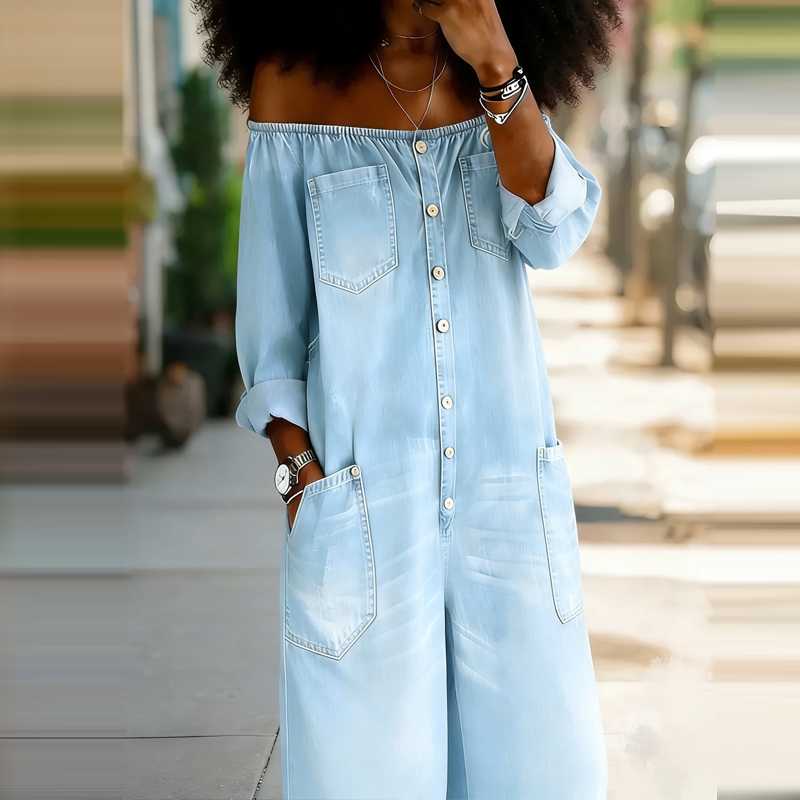 エレガントなオフショルダーソリッドデニムロンパース女性ファッ - Women'S Fashion Vintage Off Shoulder Long Sleeve Jumpsuit のレビューと価格