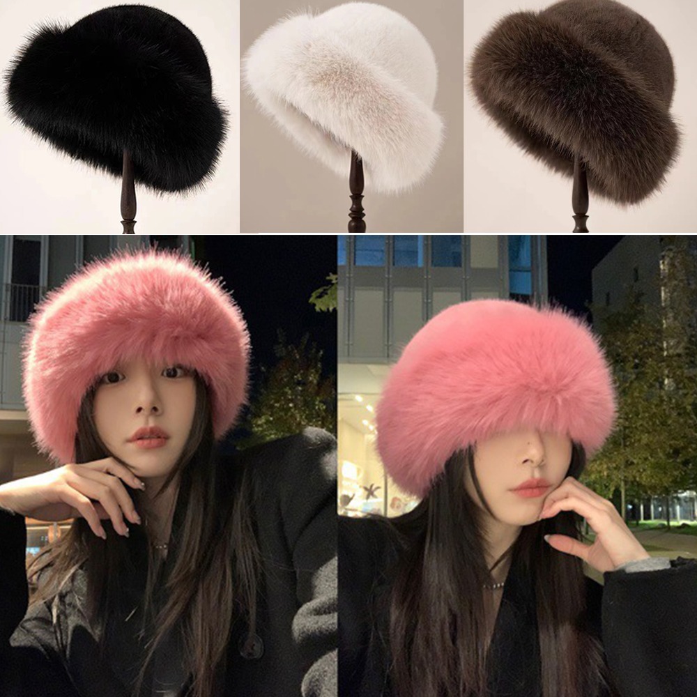 新しいふわふわファー冬帽子無地ぬいぐるみ漁師帽子防寒防風厚手 - Bucket Hat Women のレビューと価格