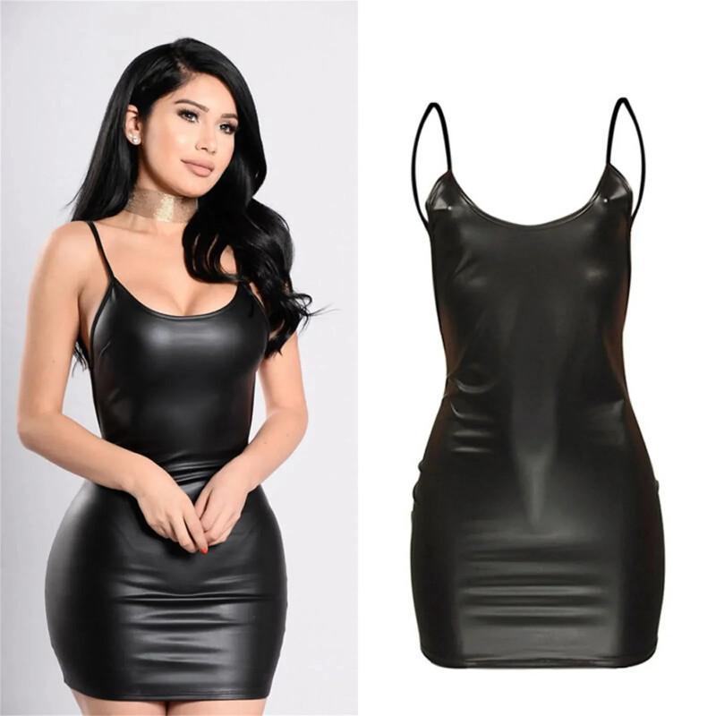 人気商品 プラスサイズ ブラック フェイクレザー キャミドレ - Bodycon Dress Women のレビューと価格