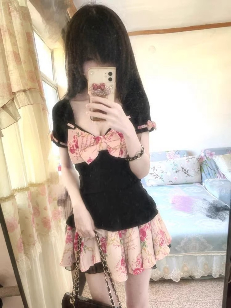 レディース甘い花柄プリントツーピースセット フェアリーボウス - Women'S Fashion Kilt のレビューと価格