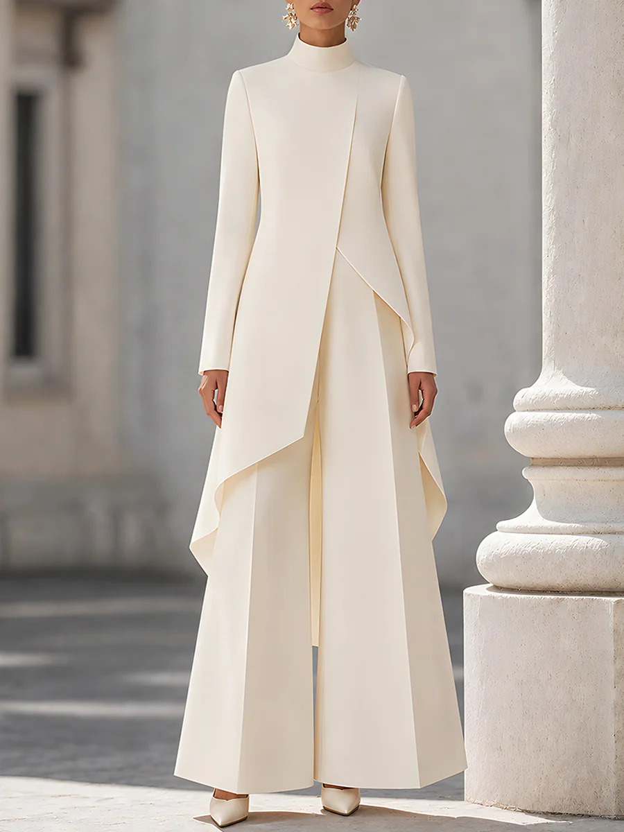 レディース ツーピースセットアップ モックネック 長袖 アシ - Wide Leg Palazzo Pants のレビューと価格
