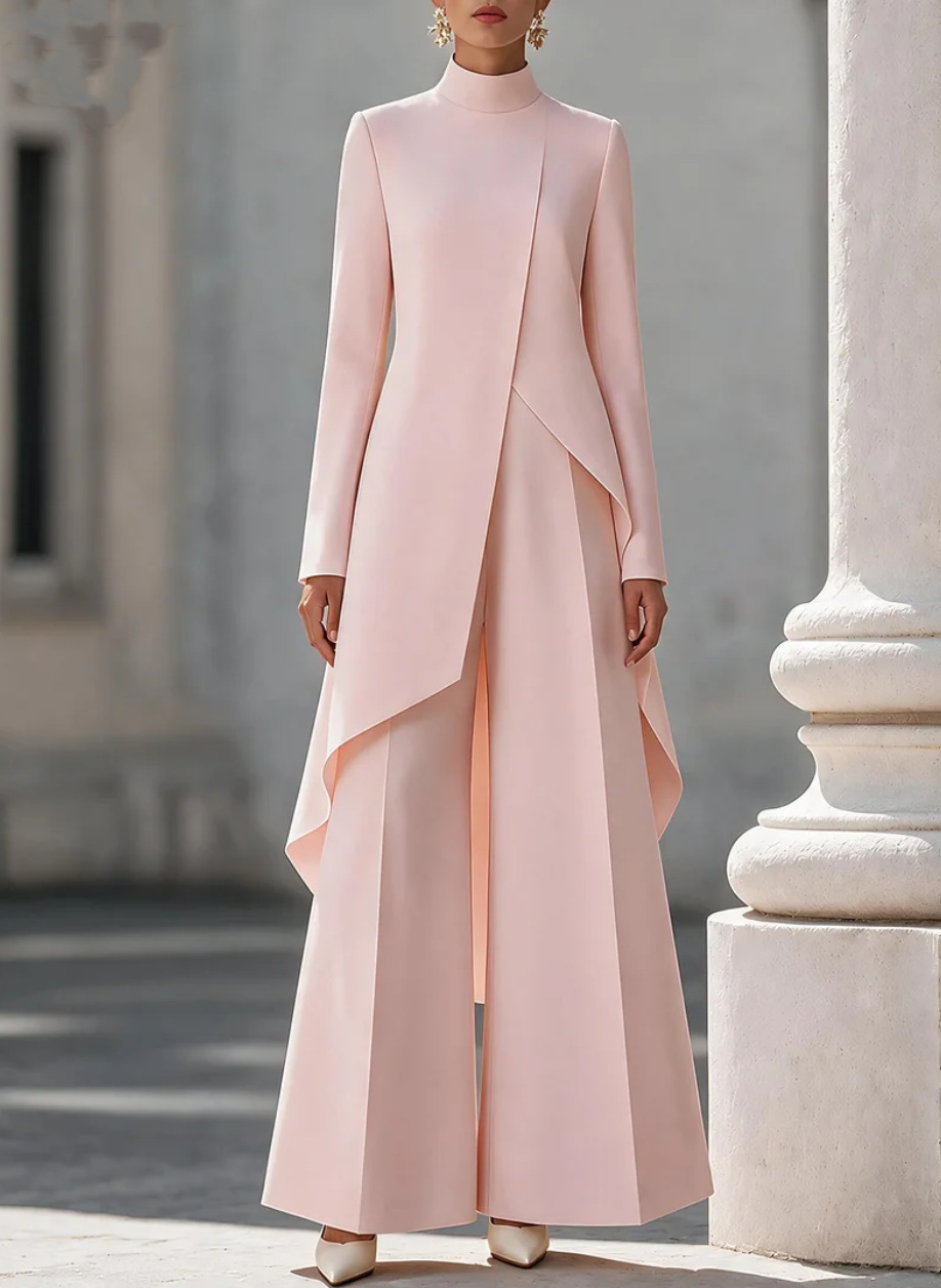 レディース ツーピースセットアップ モックネック 長袖 アシ - Wide Leg Palazzo Pants のレビューと価格