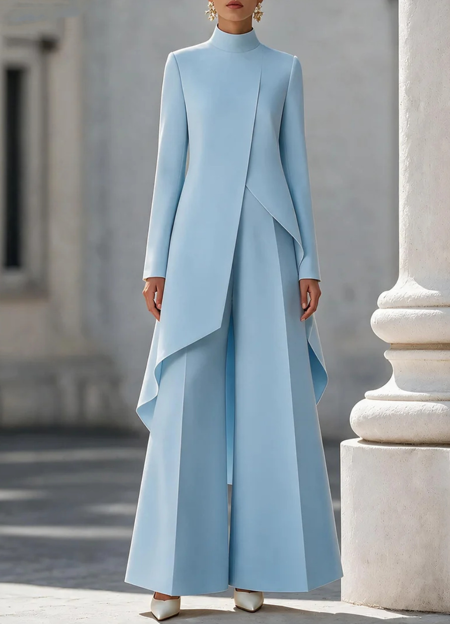 レディース ツーピースセットアップ モックネック 長袖 アシ - Wide Leg Palazzo Pants のレビューと価格