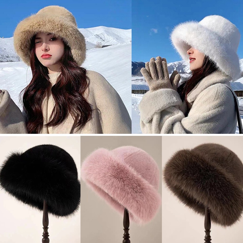 女性のためのふわふわの毛皮のバケツの帽子,厚いパナマキャップ - Bucket Hat Women のレビューと価格
