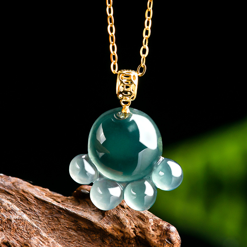 天然本物のエメラルドブルーウォータージェイド猫の足ペンダント - Women Fashion Necklace のレビューと価格