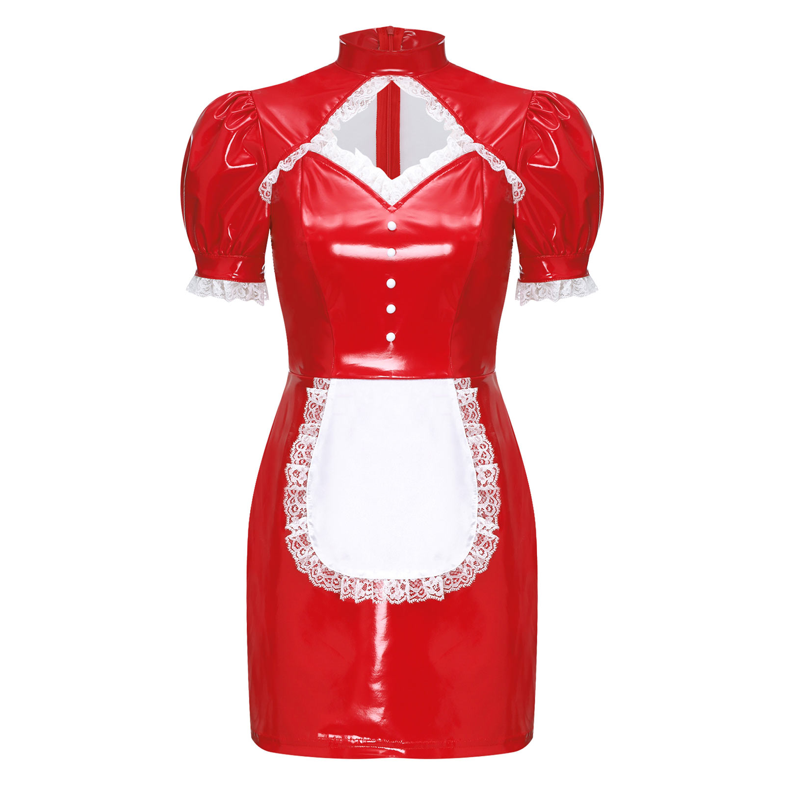 女性ハロウィンメイド制服光沢のある PU レーストリムエプロ - Bodycon Dress Women のレビューと価格