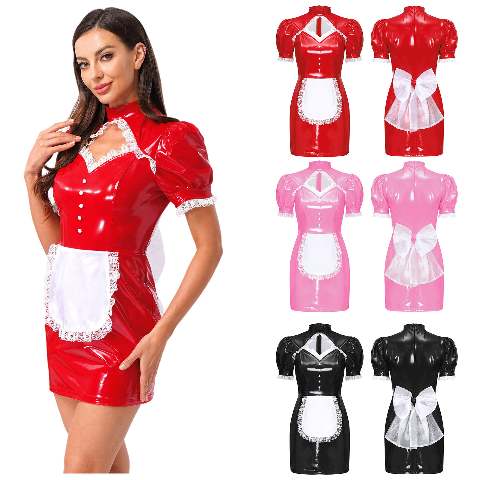 女性ハロウィンメイド制服光沢のある PU レーストリムエプロ - Bodycon Dress Women のレビューと価格