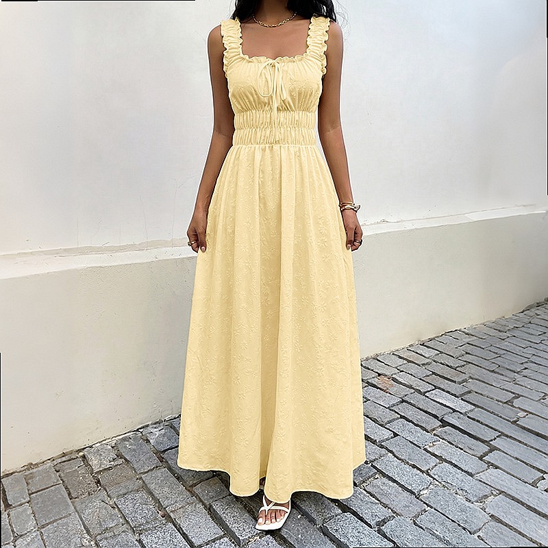 夏のノースリーブスクエアネックドレスフレンチヴィンテージロン - Maxi Dress Boho のレビューと価格