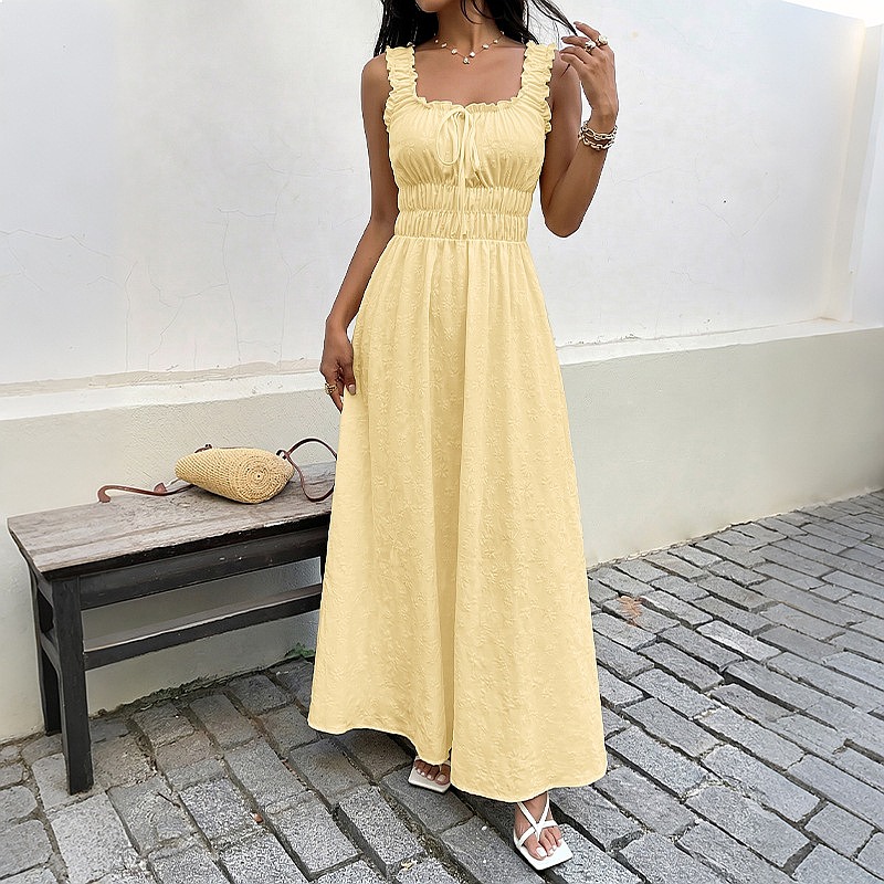 夏のノースリーブスクエアネックドレスフレンチヴィンテージロン - Maxi Dress Boho のレビューと価格